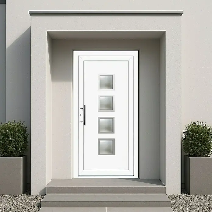 Panto Haustür K 025 - 100 x 200 cm, DIN Anschlag: Links, Weiß - Moderne weiße Haustür mit vier quadratischen Glaseinsätzen und schlankem silbernen Griff, in einem Hauseingang installiert.
