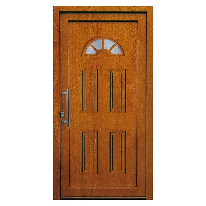 Panto Haustür K 001 - 110 x 210 cm, DIN Anschlag: Links, Golden Oak - Braune Holztür mit halbrunder Milchglasscheibe, vier rechteckigen Paneelen und modernem Edelstahlstangengriff.