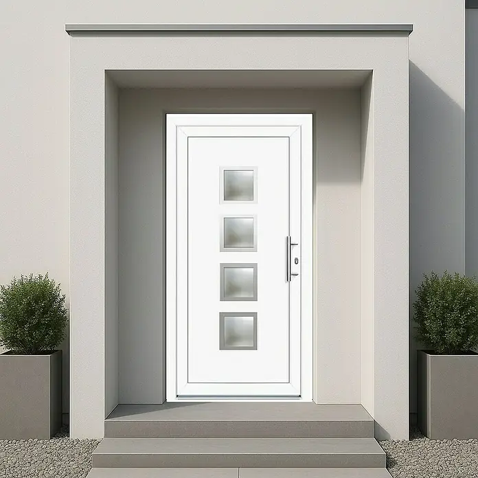 Panto Haustür K 025 - 100 x 200 cm, DIN Anschlag: Rechts, Weiß - Weiße moderne Haustür mit vier quadratischen Glasfeldern und silbernem Griff, in einem zeitgenössischen Hauseingang.