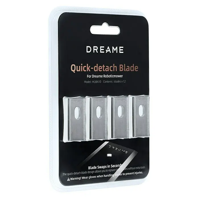 Dreame Ersatzmesser-Set für Mähroboter - Dreame Mähroboter A1 Pro, A2 und A1, 12 Stk. - Verpackung mit Dreame Quick-Detach Klingen für Robotermäher, Modell MQBA10, Inhalt: 12 Klingen. Achtung, Schutzhandschuhe tragen!