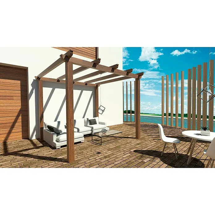 Pérgola estándar Classic - L x An: 400 x 300 cm - Imagen de una pérgola de madera moderna con sofás blancos y una mesa de centro en un patio con vistas al mar.