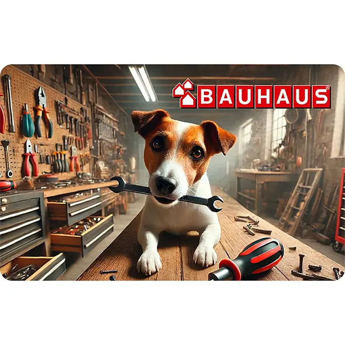 Gutscheinkarte - Zum Selbstausdruck, Individueller Betrag, Freude des Hundes 1 - Ein hilfsbereiter Jack Russell Terrier hält einen Schraubenschlüssel in der Schnauze, um bei Heimwerkerarbeiten zu assistieren.
