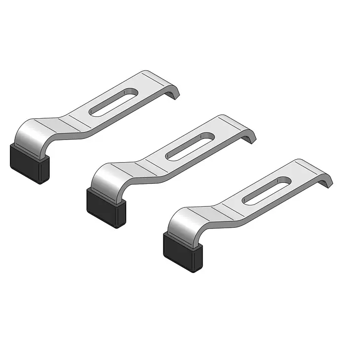 Wannenanker - 3 Stk., Geeignet für: Bade- & Duschwannen - Drei silberne Metallbügel mit rechteckigen Aussparungen und schwarzen Beschichtungen. Die Bügel sind in einem Winkel angeordnet und leicht versetzt.