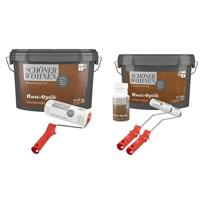 SCHÖNER WOHNEN-Farbe Trendstruktur Dekoputz-Set Rost-Optik - 6 -tlg. - Produktbild von Schöner Wohnen Rost-Optik Farben-Set mit Grundfarbe, Effektlasur, Rustikalzusatz und Kurzflorroller für die Wandgestaltung.