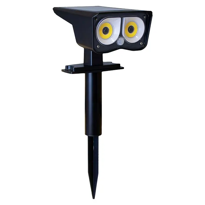 MegaLight Solar-Außenwandleuchte SolarSunowl - 1 W, L x B x H: 14,5 x 27,5 x 9,5 cm, Schwarz, IP65, 200 lm - Solarbetriebene Eulen-Gartenleuchte mit Bewegungsmelder zur Abschreckung von Eindringlingen, ideal für den Außenbereich.