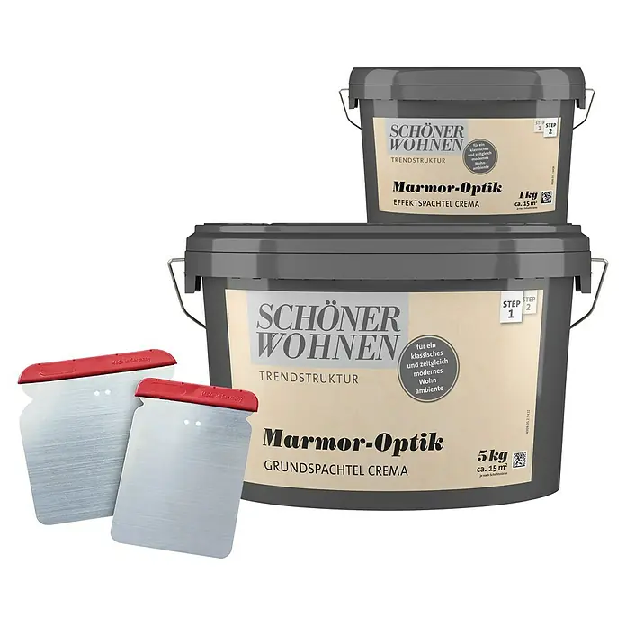 SCHÖNER WOHNEN-Farbe Trendstruktur Dekoputz-Set Marmor-Optik - 3 -tlg., Crema - Produktansicht von "Schöner Wohnen Marmor-Optik" Effektspachtel Crema (1 kg) und Grundspachtel Crema (5 kg) mit Werkzeugen.