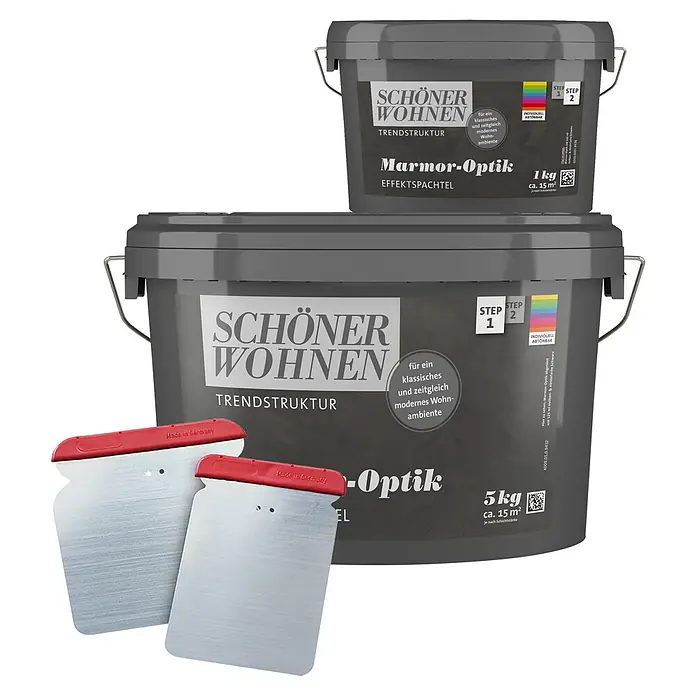 SCHÖNER WOHNEN-Farbe Trendstruktur Dekoputz-Set Marmor-Optik - 3 -tlg., Grundfarbe zum Abtönen - Abbildung von zwei Eimern Schön Wohnen Trendstruktur Marmor-Optik Effektspachtel, erhältlich in 1kg und 5kg Gebinden, und zwei Spachteln.