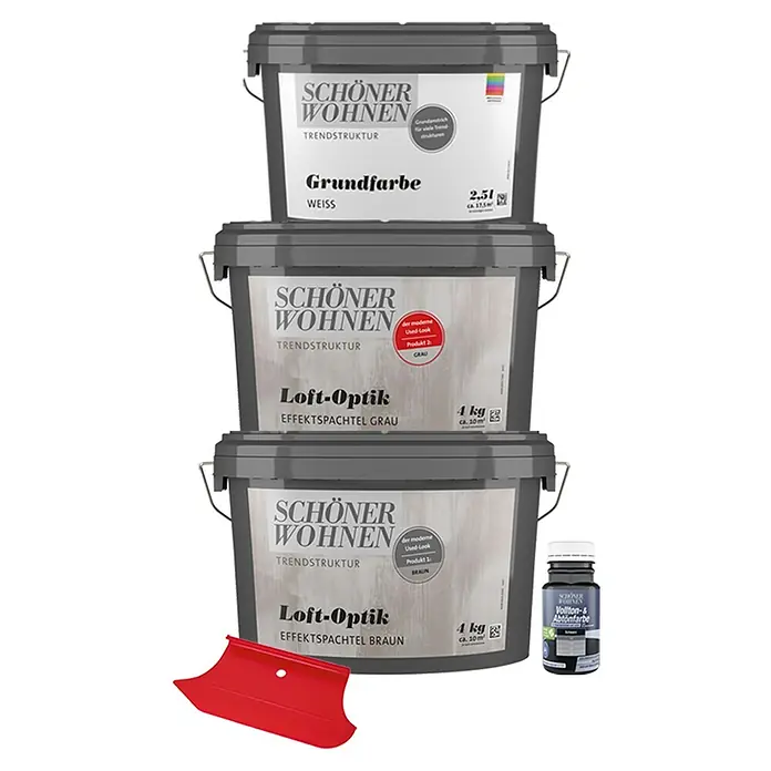 SCHÖNER WOHNEN-Farbe Trendstruktur Dekoputz-Set Loft-Optik - 5 -tlg. - Produktübersicht: Schöner Wohnen Trendstruktur Grundfarbe, Loft-Optik Effektspachtel grau und braun sowie Vollton- & Abtönfarbe.