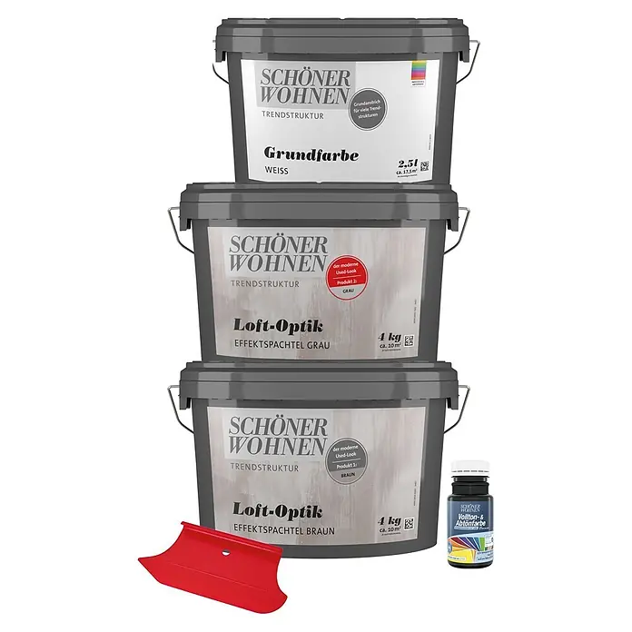 SCHÖNER WOHNEN-Farbe Trendstruktur Dekoputz-Set Loft-Optik - 5 -tlg. - Produktübersicht: Schöner Wohnen Trendstruktur Grundfarbe, Loft-Optik Effektspachtel grau und braun sowie Vollton- & Abtönfarbe.