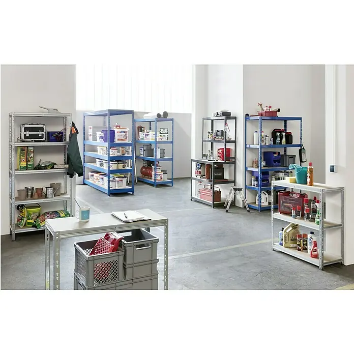 Regalux Estantería para cargas pesadas XL - Al x An x Pr: 180 x 120 x 50 cm, Capacidad de carga por balda: 290 kg, Número de baldas: 5 ud., Inserción, Negro - Solución de almacenamiento versátil con varias estanterías para organizar herramientas y materiales en un garaje o almacén.