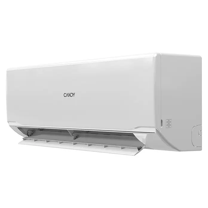 Candy Aire acondicionado Inverter CY-09RBW - Potencia frigorífica: 2.400 W, Potencia térmica: 2.700 W, Tamaño de la estancia: 20 m² - Primer plano del aire acondicionado Candy en blanco. El diseño elegante y el aspecto moderno del dispositivo son claramente visibles.