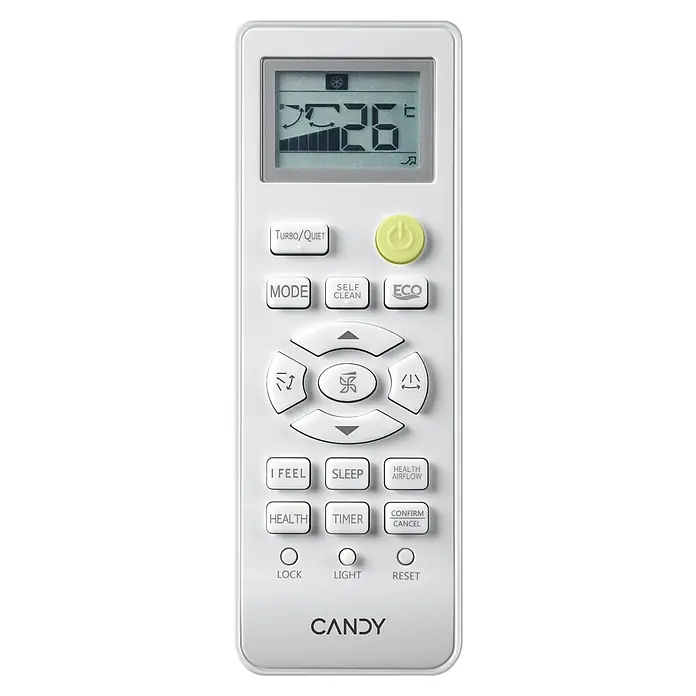 Candy Aire acondicionado Inverter CY-09RBW - Potencia frigorífica: 2.400 W, Potencia térmica: 2.700 W, Tamaño de la estancia: 20 m² - Imagen de un mando a distancia de aire acondicionado Candy con pantalla LCD y botones de función.