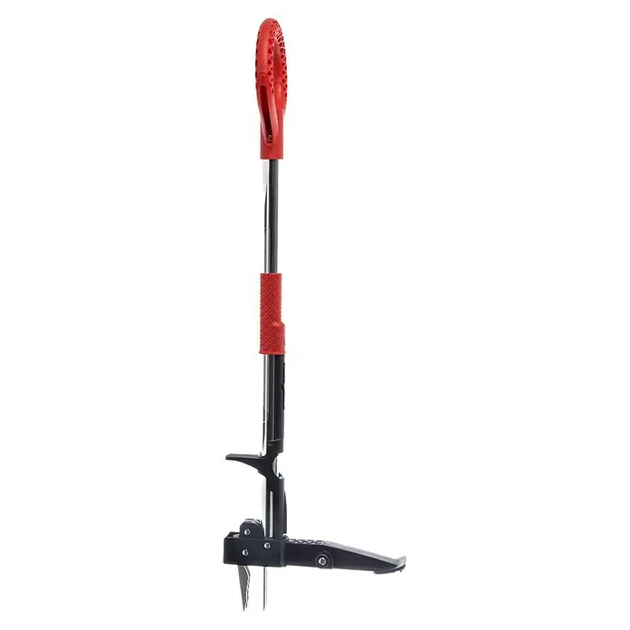 Root Slayer Unkrautstecher - Länge: 100 cm - Das Bild zeigt einen Unkrautstecher mit rotem Griff und Fußpedal. Das Gartengerät dient zur einfachen Entfernung von Unkraut.