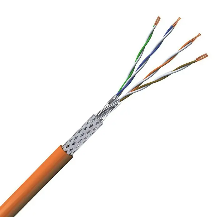 Netzwerkleitung CAT 7 - 100 m, Orange - Ein abgeschirmtes Twisted-Pair-Kabel mit orangefarbener Ummantelung und freiliegenden farbcodierten Adernpaaren für Datenübertragung.
