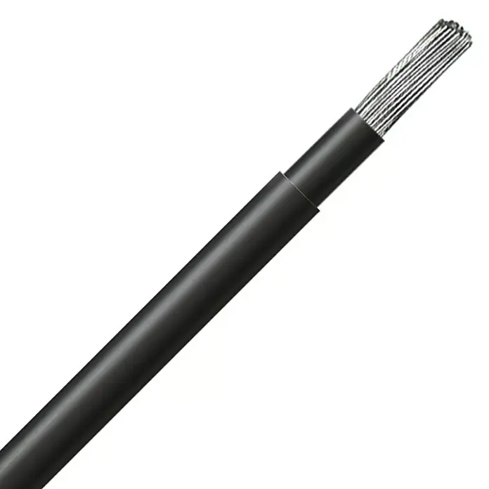 Solarkabel H1Z2Z2-K - Anzahl Adern: 1, 4 mm², 100 m, Schwarz - Ein isoliertes, schwarzes Stromkabel mit freiliegenden, silbernen Litzen an einem Ende. Ideal für elektrische Installationen und Verkabelungen.