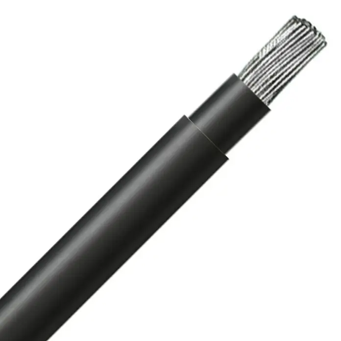 Solarkabel H1Z2Z2-K - Anzahl Adern: 1, 6 mm², 100 m, Schwarz - Abbildung eines freiliegenden Stromkabels mit einem grauen, geflochtenen Kern und einer glatten, schwarzen Ummantelung, die einen robusten und zuverlässigen Eindruck macht.