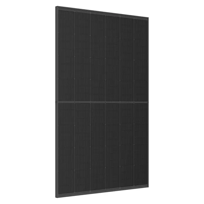 Trina Solarmodul TSM-445-NEG9R.25 - 0% MwSt. (gem. § 12 Abs. 3 UStG) - Monofazial, 445 W, L x B x H: 176,2 x 113,4 x 3 cm - Naheaufnahme eines schwarzen monokristallinen Solarmoduls, das durch seine Effizienz und Ästhetik für nachhaltige Energielösungen sorgt.