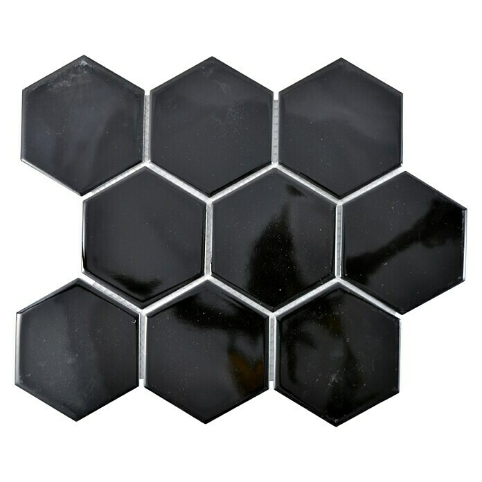 Mosaikfliese Hexagon Uni HX 110 (25,6 x 29,5 cm, Schwarz, Glänzend)