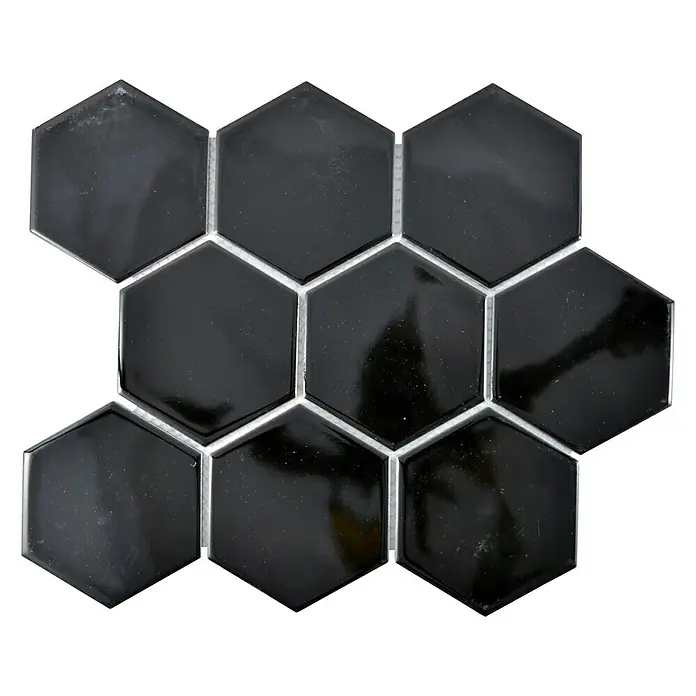 Mosaikfliese Hexagon Uni HX 110 - 25,6 x 29,55 cm, Schwarz, Glänzend - Schwarze, glänzende sechseckige Fliesen für ein elegantes und modernes Design. Perfekt für Küche oder Bad, um einen stilvollen Look zu erzielen.