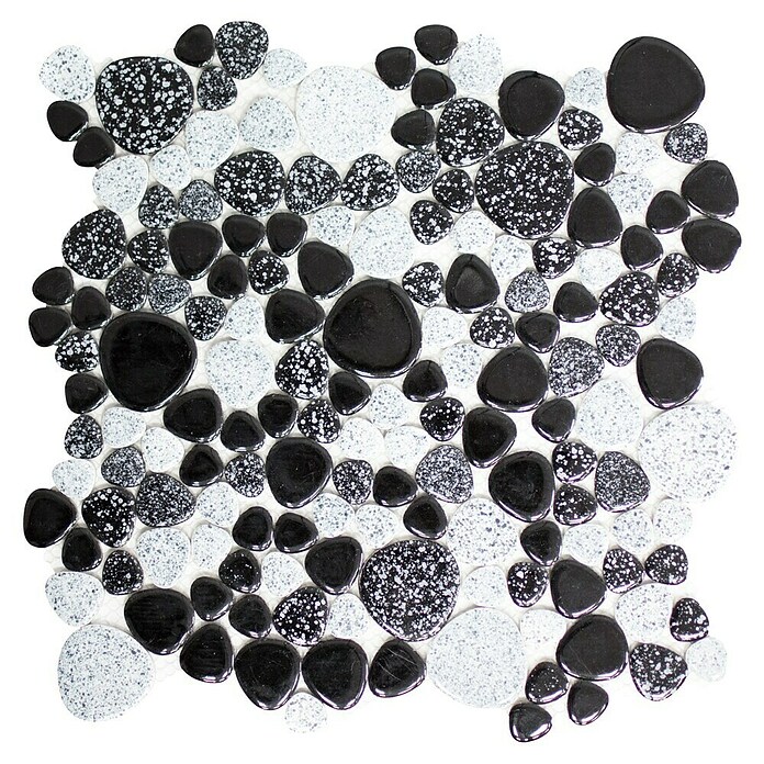 Mosaikfliese Kiesel XKM 33 (30 x 30 cm, Schwarz/Weiß, Glänzend)