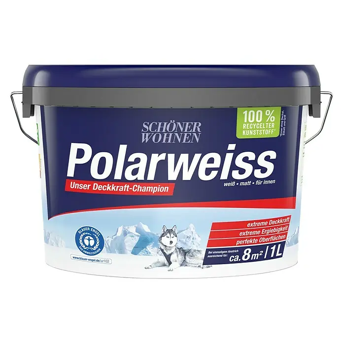 SCHÖNER WOHNEN-Farbe Wandfarbe Polarweiß - Weiß, Matt, 1 l, Konservierungsmittelfrei - Dose Polarweiss Farbe von SCHÖNER WOHNEN. Sie ist aus 100% recyceltem Kunststoff und deckt ca. 8m²/1L ab.