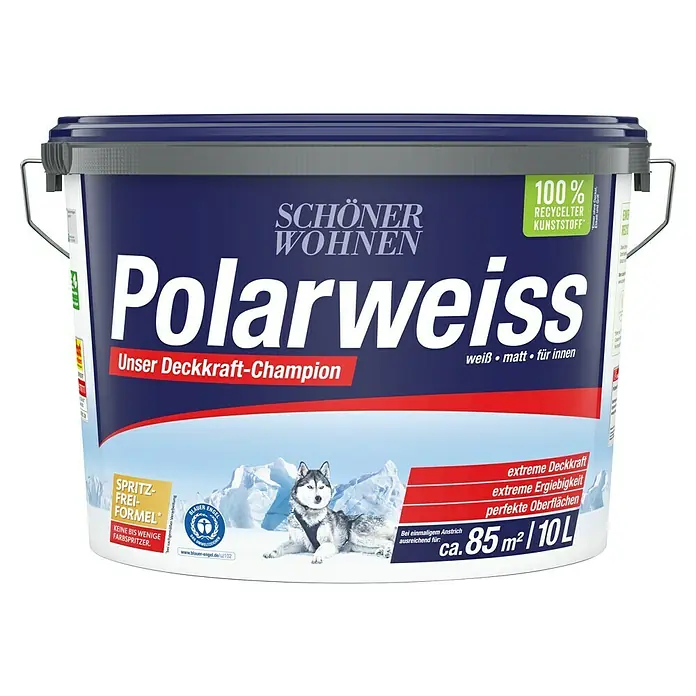 SCHÖNER WOHNEN-Farbe Wandfarbe Polarweiß - Weiß, Matt, 10 l, Konservierungsmittelfrei - Abbildung eines Eimers Polarweiss Farbe von Schöner Wohnen, eine matte Innenfarbe mit hoher Deckkraft und einem weißen Farbton.