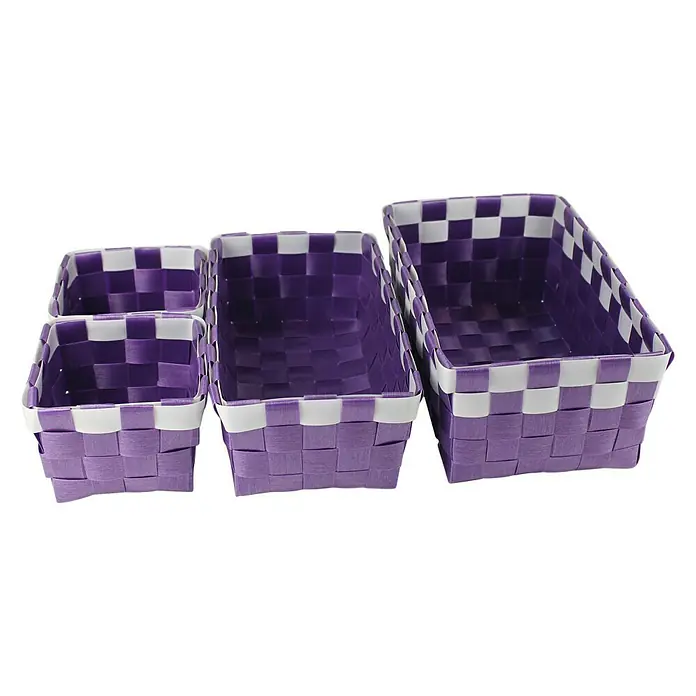 Juego de cestas trenzado - Lila, 4 pzs., Polipropileno - Conjunto de cuatro cestas de almacenamiento tejidas a mano en color morado y blanco en diferentes tamaños. Solución versátil para el hogar.