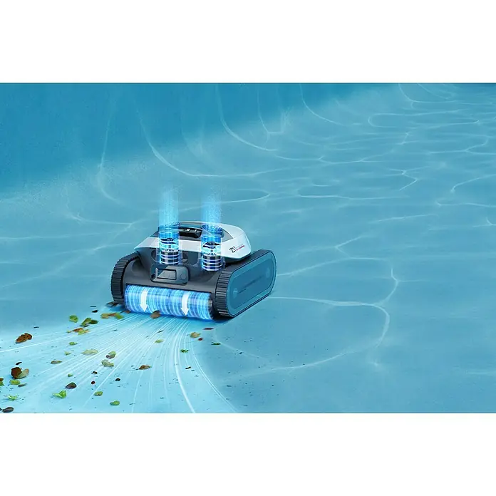 Dreame Poolroboter Z1 Pro - Akkubetrieben, Passend für: Pools bis 200 m² Grundfläche, Filterleistung: 30.000 l/h - Bild eines Poolreinigungsroboters, der Blätter und Schmutz vom Boden eines Schwimmbeckens aufsaugt.