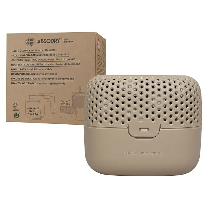 Absodry Duo Family Luftentfeuchter-Set Series 3 - 6 -tlg., Beige - Abgebildet ist eine "Absodry duo family" Nachfüllpackung für Raumentfeuchter, zusammen mit einem beigen Luftentfeuchtergerät.