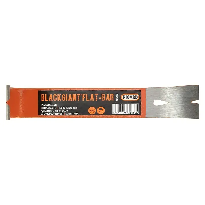Picard Nageleisen BlackGiant Flat-Bar® - Länge: 175 mm - Nahaufnahme eines orangefarbenen BLACKGIANT Brecheisens mit schwarzem Etikett und silbernem Kopf, das die Marke Picard und Produktdetails zeigt.