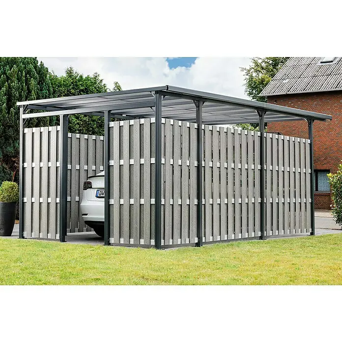 DWS Outdoor Carport Premium L - Außenmaß inkl. Dachüberstand (B x T): 3,31 x 5,41 m, Anthrazit, Carport geeignet für: PKWs - Graues Metall-Carport mit Lamellen-Sichtschutz für Fahrzeugschutz.