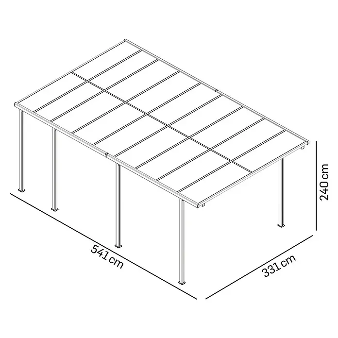 DWS Outdoor Carport Premium L - Außenmaß inkl. Dachüberstand (B x T): 3,31 x 5,41 m, Anthrazit, Carport geeignet für: PKWs - Outline-Zeichnung einer Metall-Pergola mit lichtdurchlässigen Dachplatten. Maße: 541 cm L x 331 cm B x 240 cm H.