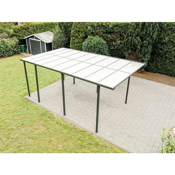 DWS Outdoor Carport Premium L - Außenmaß inkl. Dachüberstand (B x T): 3,31 x 5,41 m, Anthrazit, Carport geeignet für: PKWs - Anthrazitfarbener Carport mit lichtdurchlässigen weißen Dachpaneelen auf einer gepflasterten Auffahrt im Garten.