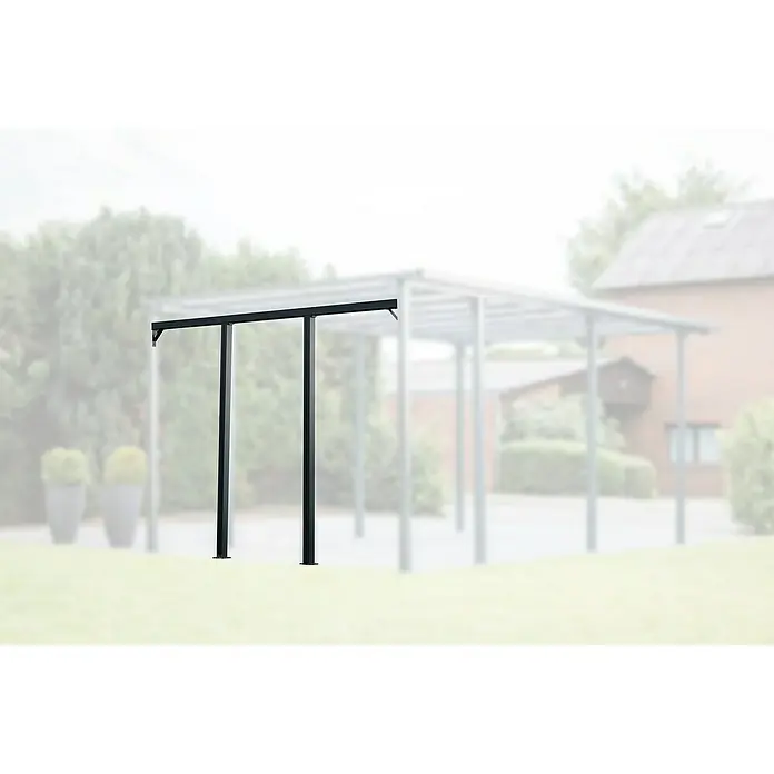 Rückwand - Passend für: DWS Outdoor Carports L & XL - Schwarzes Metall-Carport-Rahmenteil mit zwei Pfosten, draußen auf Gras installiert.