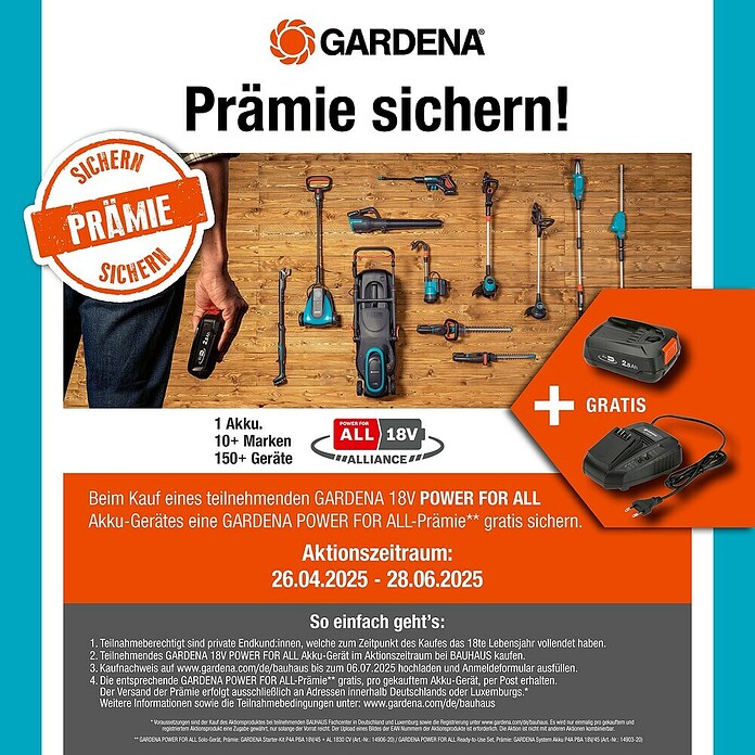 Gardena Power for All 18V Akku-Reinigungsbürste AquaBrush Patio 03/18V (1 Akku) | BAUHAUS