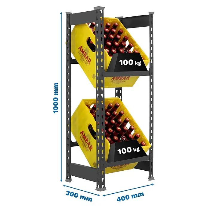 Simonrack Simonbottle Getränkekistenregal Bottleclick - H x B x T: 100 x 40 x 30 cm, Traglast Einlegeboden: 100 kg, Anzahl Böden: 2 Stk., Stecken, Anthrazit - Dunkelgraues Metallregal mit zwei Fächern, jedes mit einer gelben Bierkiste. Maße 1000x400x300mm, jedes Fach trägt 100kg.