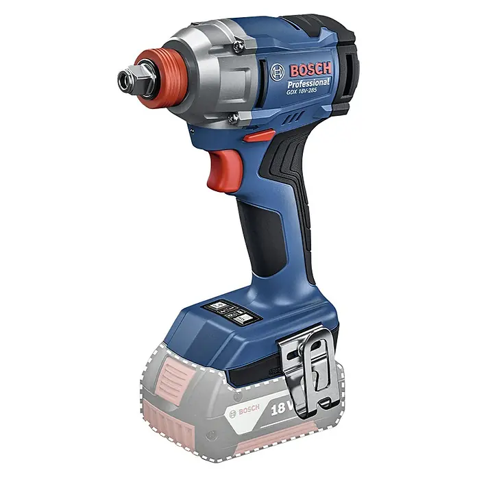 Bosch Professional AMPShare 18V Akku-Drehschlagschrauber GDX 18V-285 - 18 V, Ohne Akku, 285 Nm - Blauer und grauer Bosch Professional Schlagschrauber mit rotem Abzug und schwarzem Griff, bereit für einen 18V Akku.