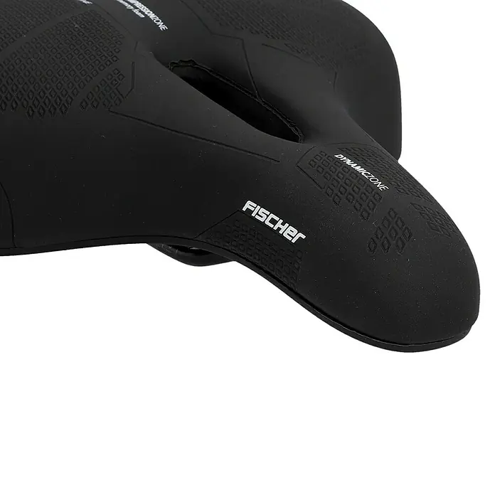 Fischer R.E.Med. Fahrradsattel - Memory-Foam-Einlage, Geeignet für: Touren- & Cityräder - Nahaufnahme eines schwarzen Fahrradsattels der Marke Fischer mit der Aufschrift "Dynamic Zone" und ergonomischer Formgebung.
