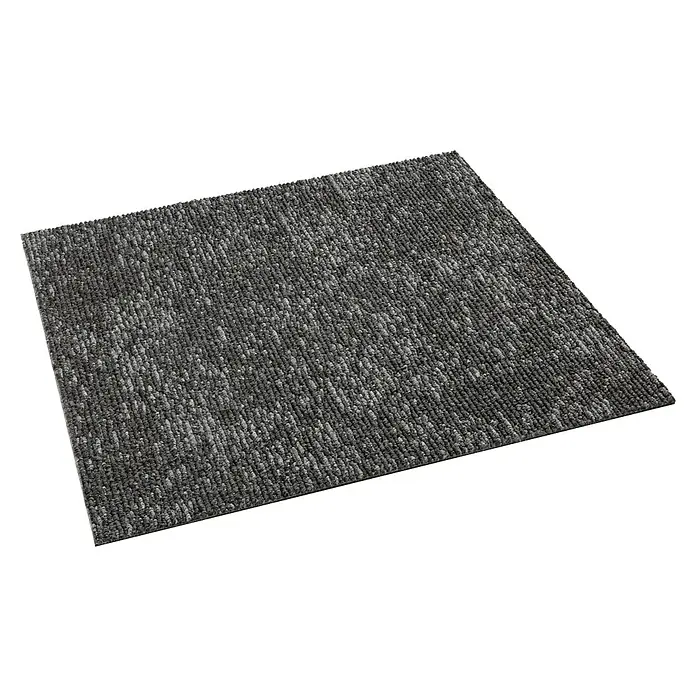 Teppichfliese Emotion - Schlinge, 100 % Polyamid SDN, Dunkelgrau - Nahaufnahme einer grauen Teppichfliese, die eine strukturierte Oberfläche und ein modernes Design zeigt. Perfekt für Büro oder Wohnbereich.