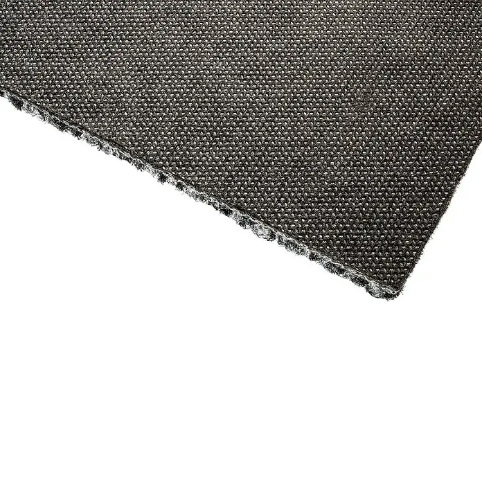 Teppichfliese Explore - Schlinge, 100 % Polypropylen, Sand - Nahaufnahme eines grauen Stoffstücks mit einer erkennbaren Textur und einem fransigen Rand, ideal für Textilprojekte.