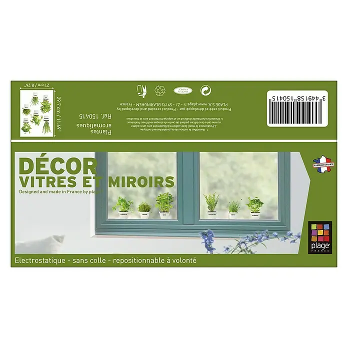 Vinilo de pared cristal - 21 x 29,7 cm, Verde, Plástico - Adhesivos decorativos para ventanas y espejos con motivos de hierbas aromáticas, electrostáticos, reposicionables, diseñados y fabricados en Francia.