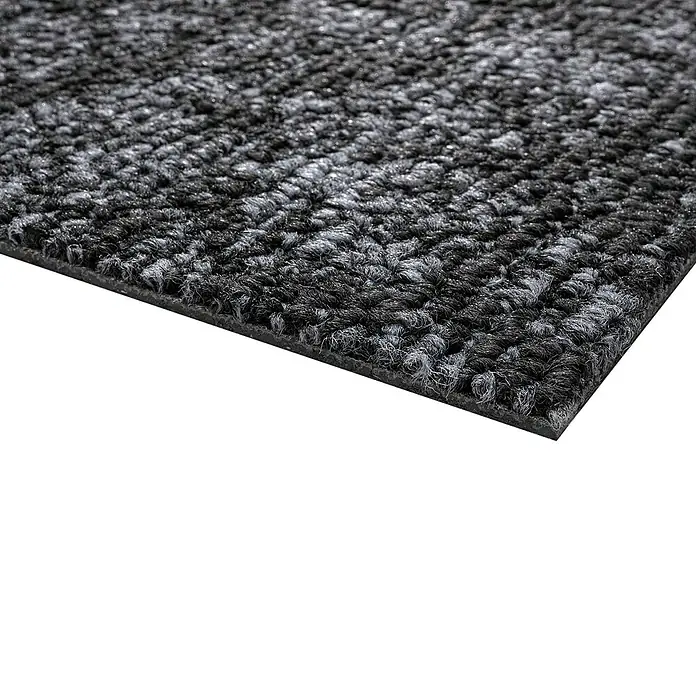 Teppichfliese Realise - Schlinge, 100 % Polypropylen, Onyx - Nahaufnahme einer anthrazitfarbenen, robusten Fußmatte mit Melange-Optik. Ideal für Eingangs- und Außenbereiche.