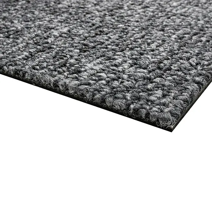 Teppichfliese Explore - Schlinge, 100 % Polypropylen, Basalt - Nahaufnahme einer grauen Fußmatte mit Textur. Ideal für den Innenbereich und zur Schmutzaufnahme.