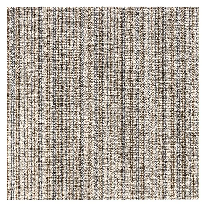 Teppichfliese Vienna - Schlinge, 100 % Polypropylen, Braun Gestreift - Bild eines Teppichmusters mit Streifen in Braun-, Beige- und Blautönen. Ideal für moderne Raumgestaltung.