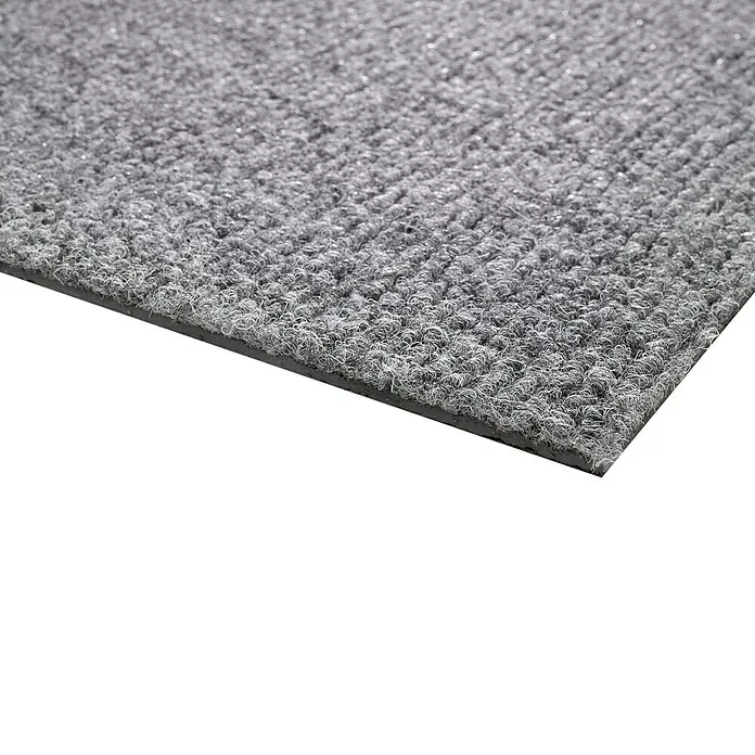 Teppichfliese Sprinter - Nadelfilz, 80 % Polypropylen, 20 % recyceltes PET, Hellgrau - Nahaufnahme einer grauen, robusten Fußmatte mit strukturierter Oberfläche und dunklem Rand. Ideal für den Innenbereich zur Schmutzabweisung.