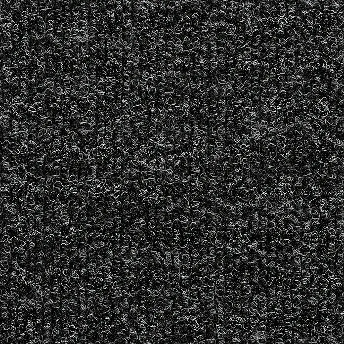 Teppichfliese Sprinter - Nadelfilz, 80 % Polypropylen, 20 % recyceltes PET, Anthrazit - Nahaufnahme eines Teppichs mit Schlingenstruktur in Schwarz und Grau, ideal für stark frequentierte Bereiche. Strapazierfähig und stilvoll.