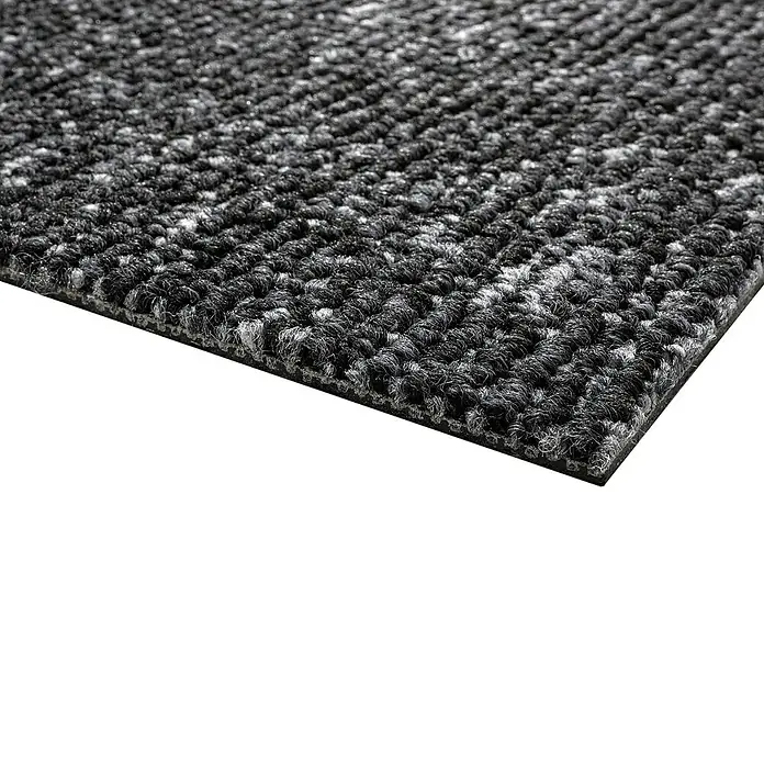 Teppichfliese Realise - Schlinge, 100 % Polypropylen, Metal - Nahaufnahme einer anthrazitfarbenen Fußmatte mit hellen Akzenten. Strapazierfähige Textur für den Innen- und Außenbereich.