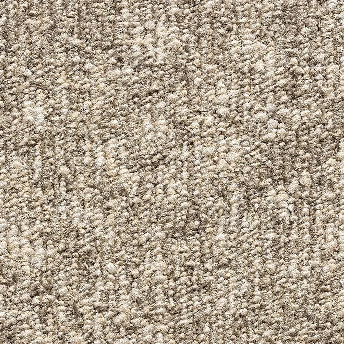 Teppichfliese Realise - Schlinge, 100 % Polypropylen, Sand - Nahaufnahme eines beigen Teppichs mit dichter, strukturierter Oberfläche, ideal für Textilhintergründe.