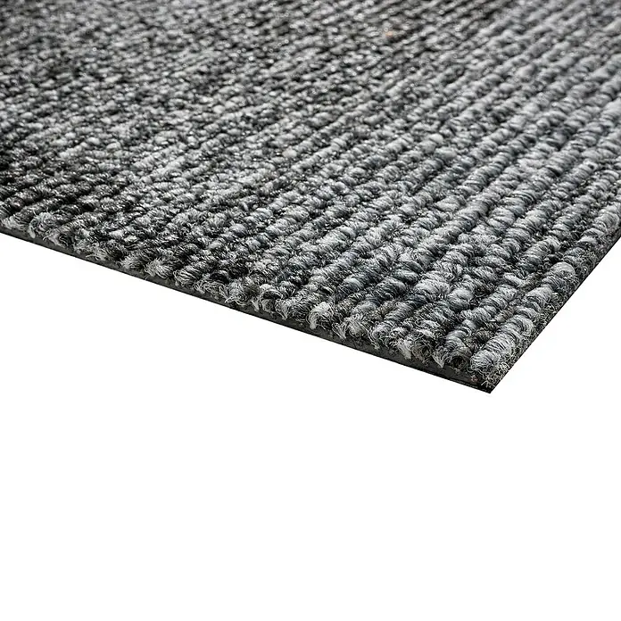 Teppichfliese Santo - 50 x 50 cm, Schlinge, 100 % Polypropylen, Grau - Detailaufnahme einer Fußmatte in Grau, die durch ihre strukturierte Oberfläche und robuste Verarbeitung besticht.\n