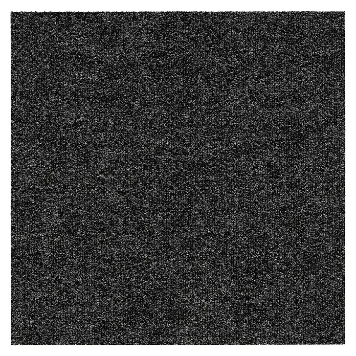 Teppichfliese Sprinter - Nadelfilz, 80 % Polypropylen, 20 % recyceltes PET, Anthrazit - Nahaufnahme eines schwarzen Teppichs mit feiner Textur, ideal für stark frequentierte Bereiche. Robuster, dunkler Bodenteppich mit dezentem Muster.